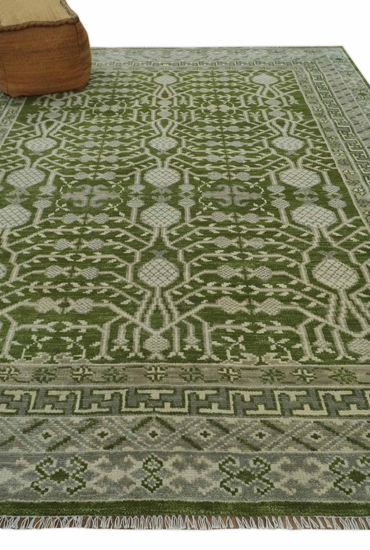 Traditional Khotan Design Hand knotted Green and Ivory 8x10 wool Area Rug - The Rug Decor