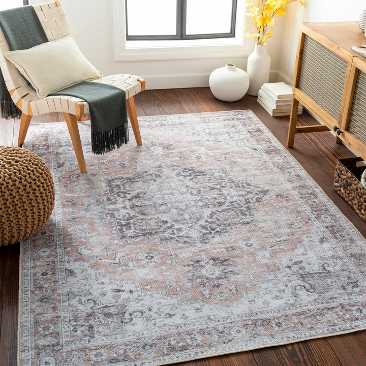 Traditional Machine woven Charcoal, Rust and Silver Machine Washable Rug - The Rug Decor