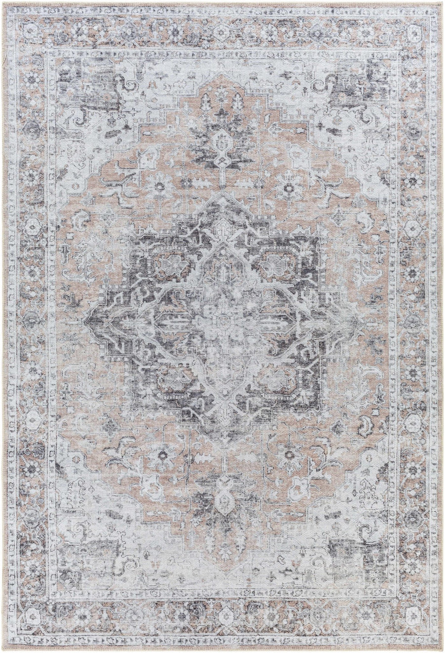 Traditional Machine woven Charcoal, Rust and Silver Machine Washable Rug - The Rug Decor