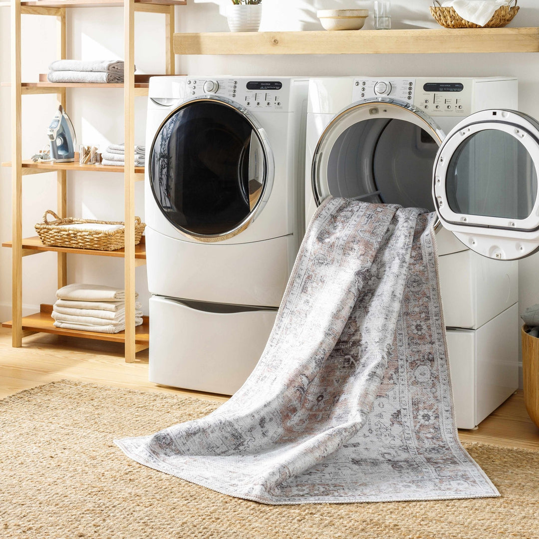 Traditional Machine woven Charcoal, Rust and Silver Machine Washable Rug - The Rug Decor