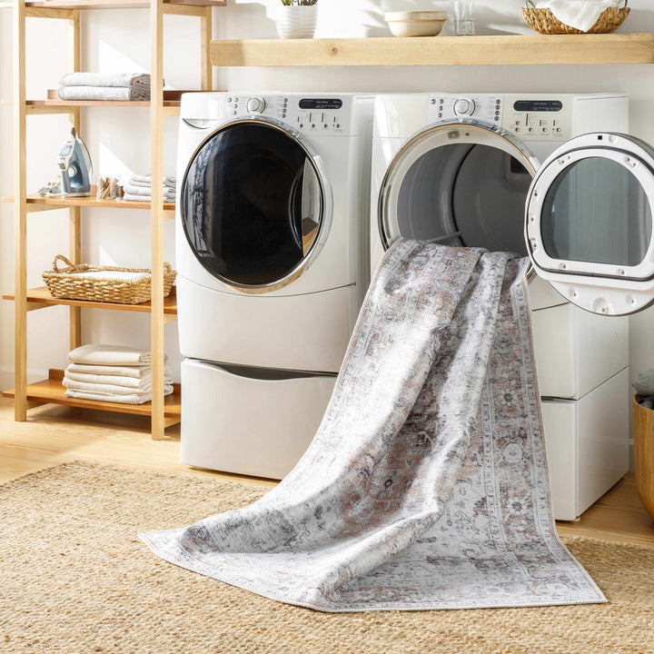 Traditional Machine woven Charcoal, Rust and Silver Machine Washable Rug - The Rug Decor