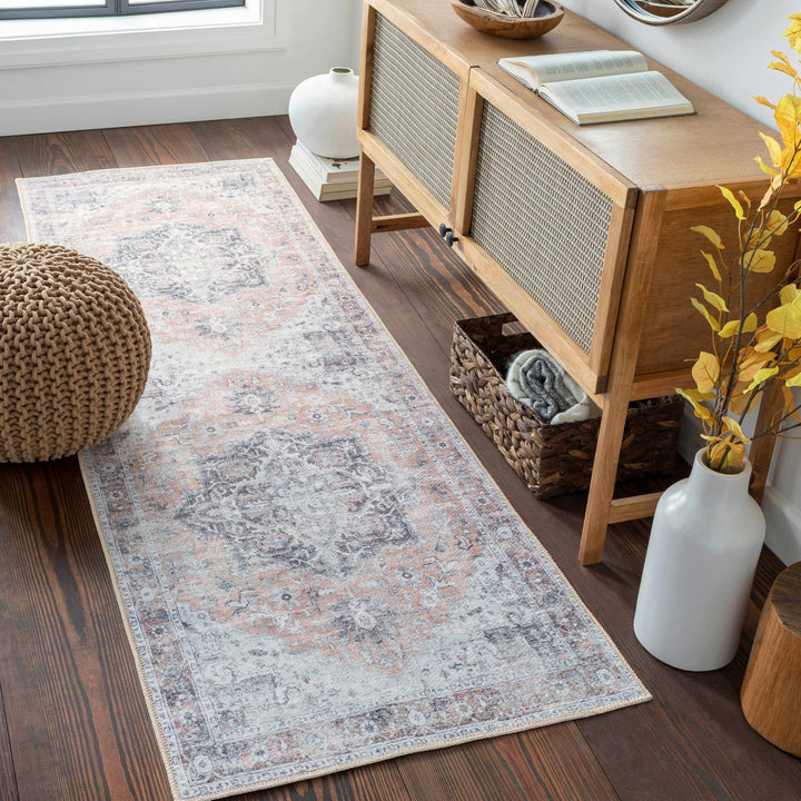 Traditional Machine woven Charcoal, Rust and Silver Machine Washable Rug - The Rug Decor