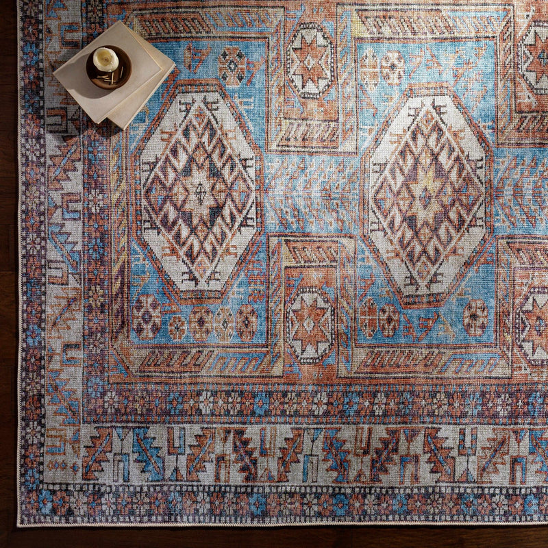 Traditional Mamluk Design Blue, Dark Peach, Ivory and Purple Washable Area Rug - The Rug Decor