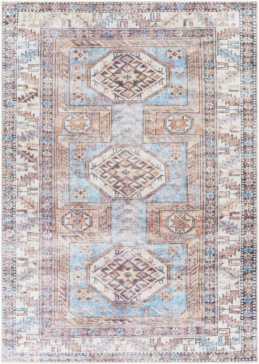 Traditional Mamluk Design Blue, Dark Peach, Ivory and Purple Washable Area Rug - The Rug Decor