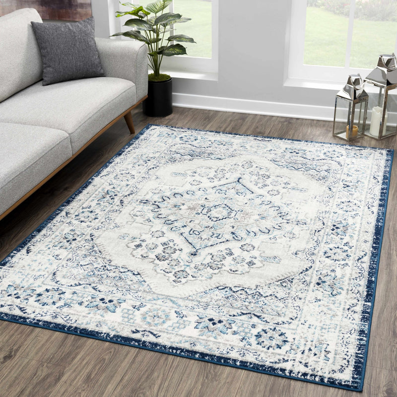 Traditional Medallion Beige, Blue and Gray low Pile Area Rug - The Rug Decor