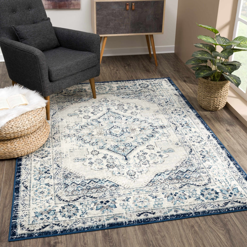 Traditional Medallion Beige, Blue and Gray low Pile Area Rug - The Rug Decor