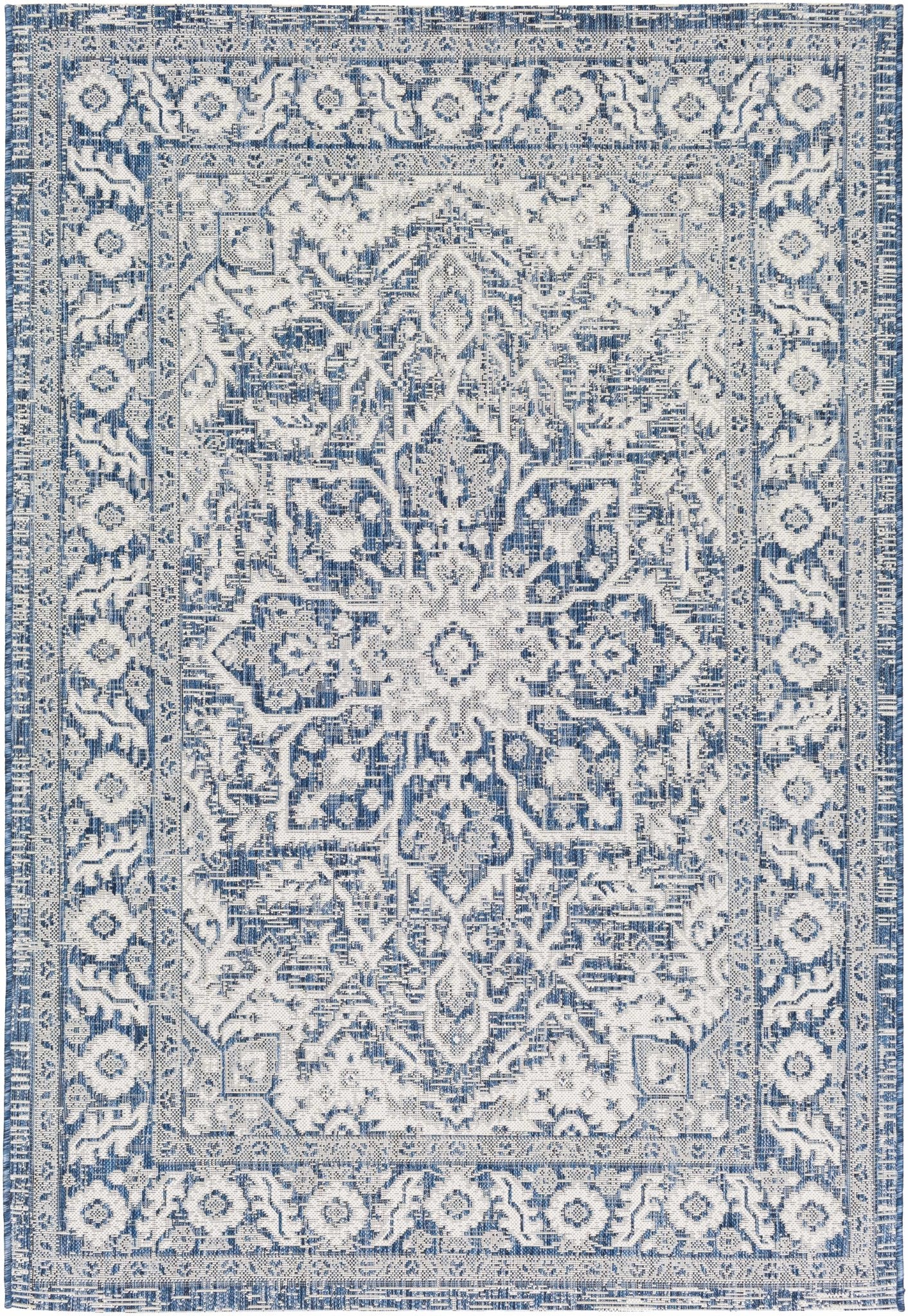 Traditional Medallion Design Blue and Ivory Machine Woven Rug - The Rug Decor