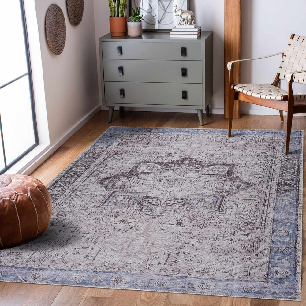 Traditional Medallion Design Brown, Blue and Ivory Low Pile Muti Size Area Rug - The Rug Decor