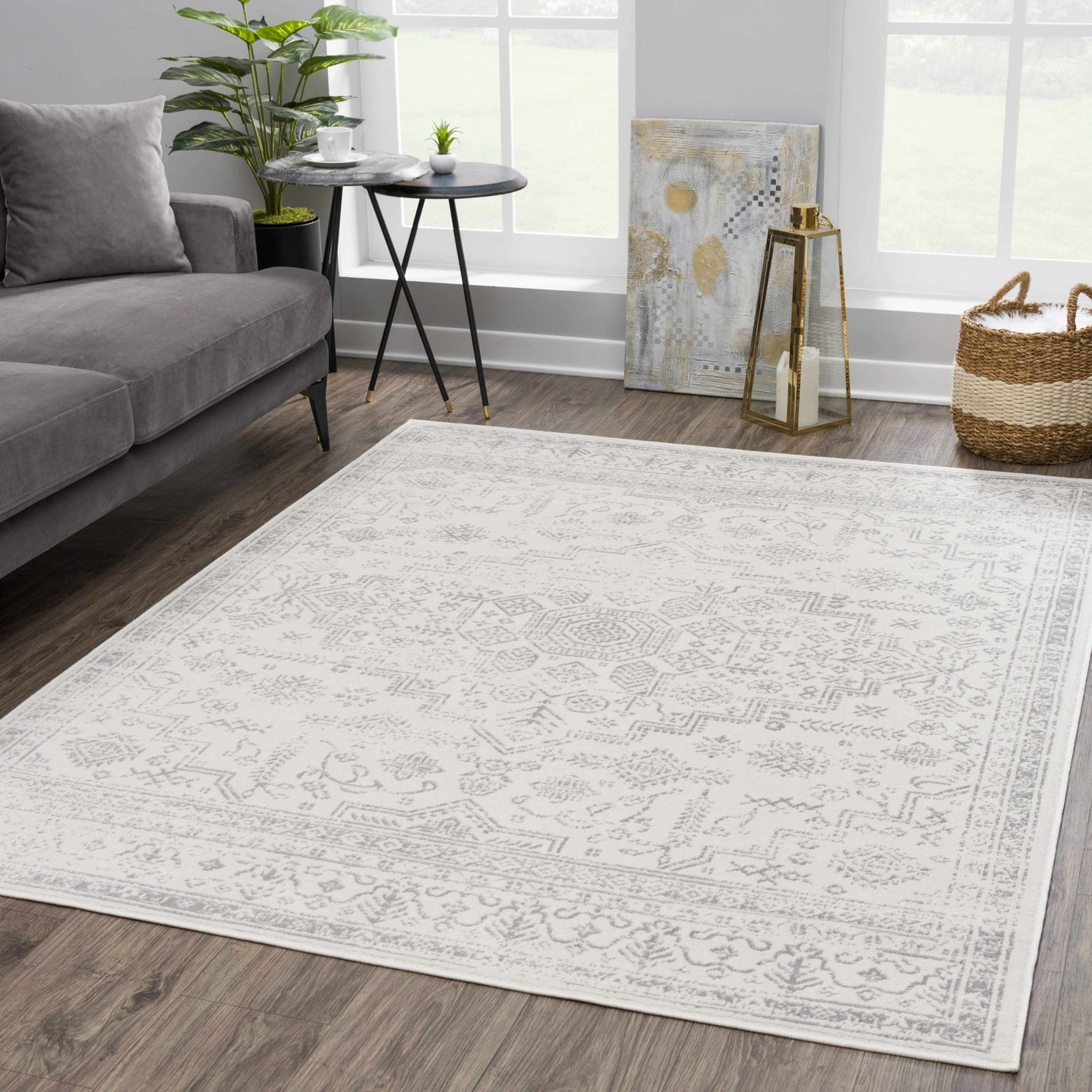 Traditional Medallion Design Contemporary Ivory and Gray Medium pile Area Rug - The Rug Decor
