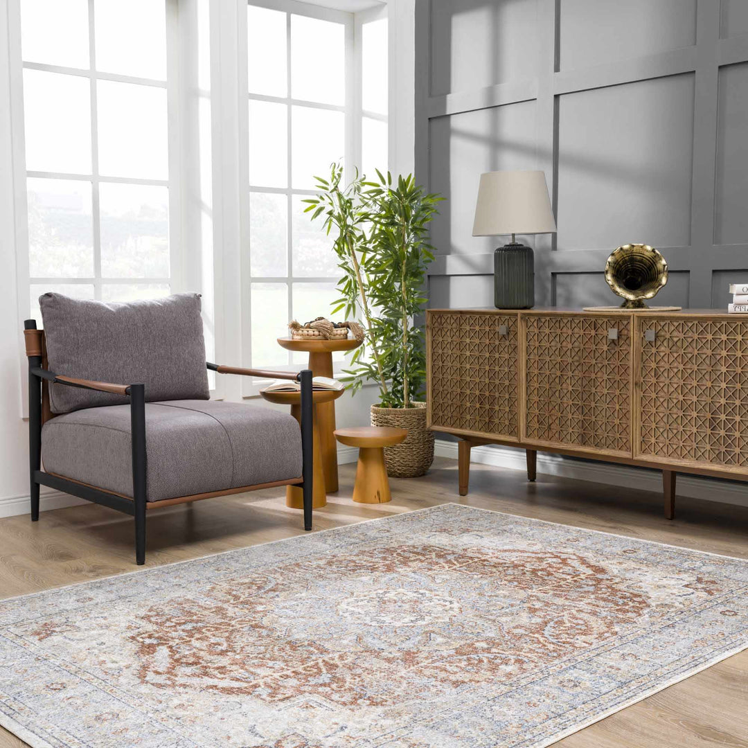 Traditional Medallion Design Machine woven Rust, Silver, Ivory and Beige washable Turkish Rug - The Rug Decor