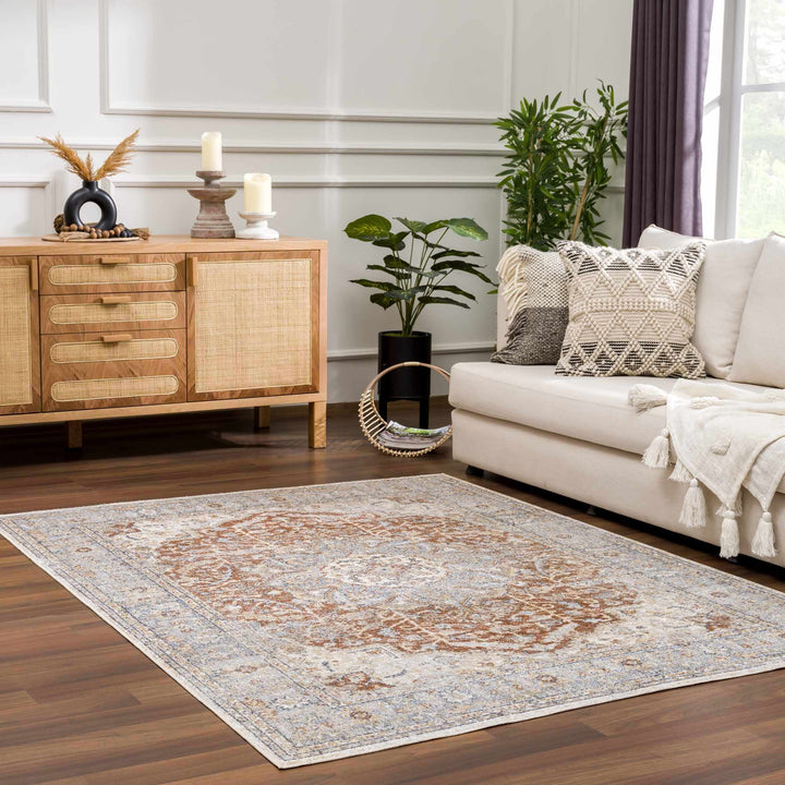 Traditional Medallion Design Machine woven Rust, Silver, Ivory and Beige washable Turkish Rug - The Rug Decor