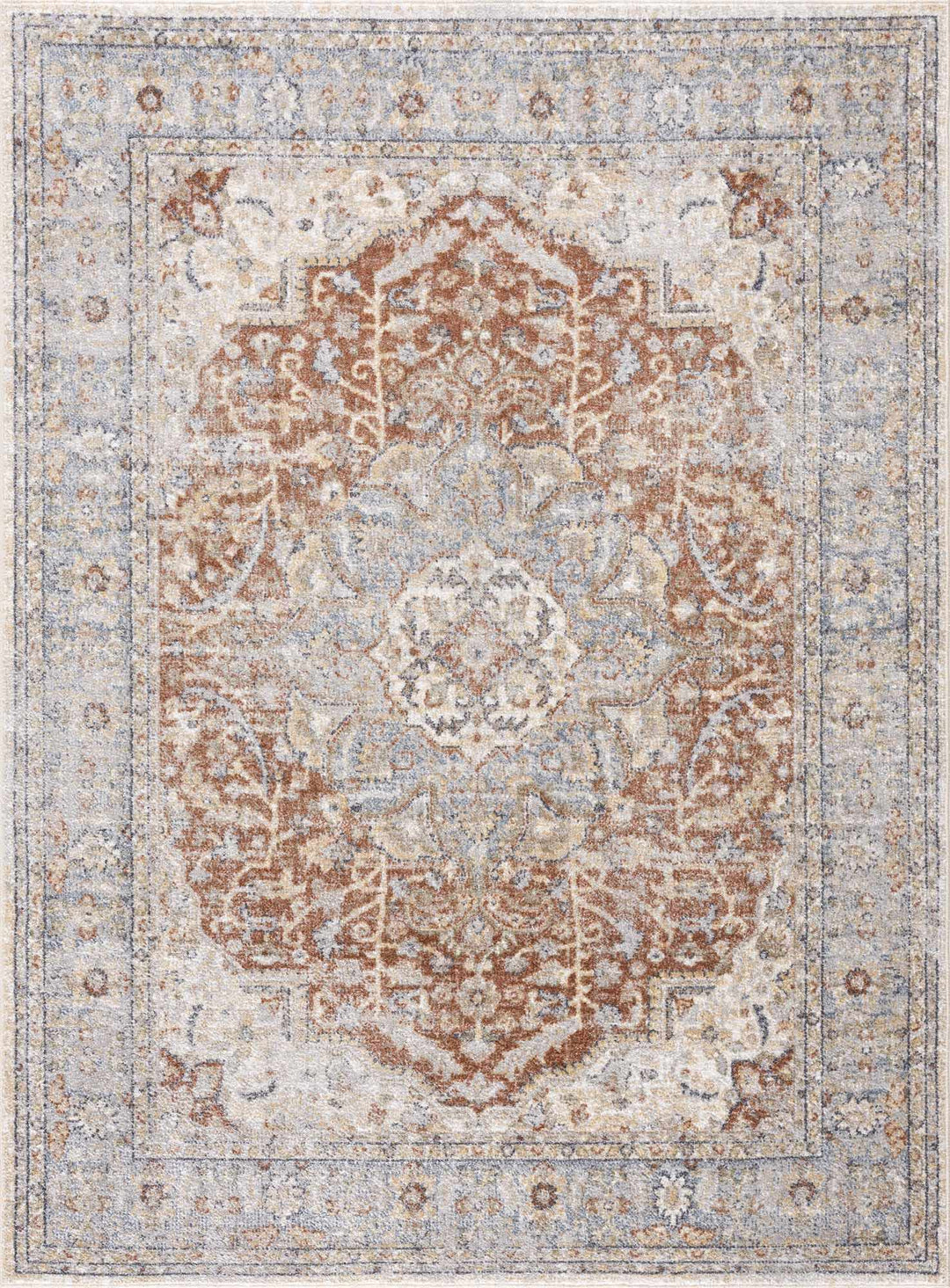 Traditional Medallion Design Machine woven Rust, Silver, Ivory and Beige washable Turkish Rug - The Rug Decor