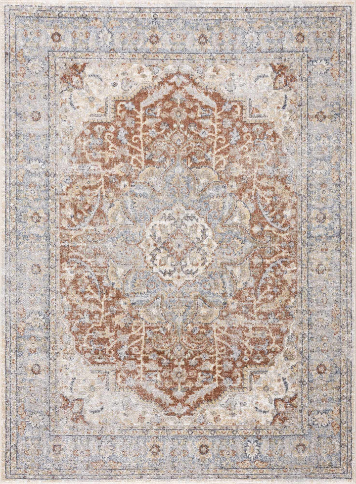 Traditional Medallion Design Machine woven Rust, Silver, Ivory and Beige washable Turkish Rug - The Rug Decor