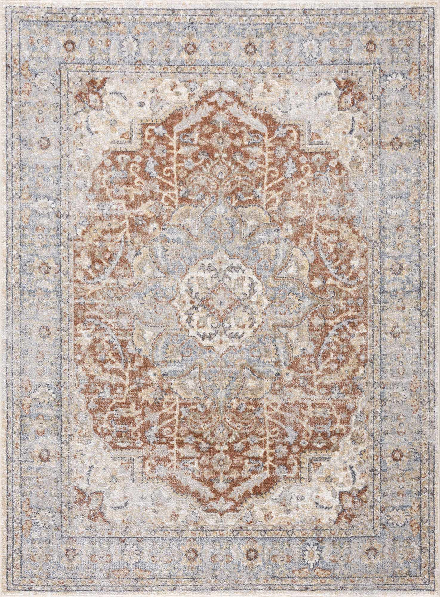 Traditional Medallion Design Machine woven Rust, Silver, Ivory and Beige washable Turkish Rug - The Rug Decor