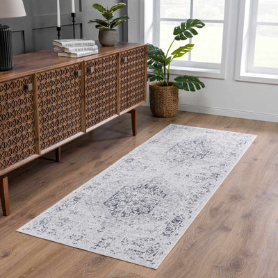 Traditional Medallion Design Silver and Charcoal Machine Washable Rug - The Rug Decor