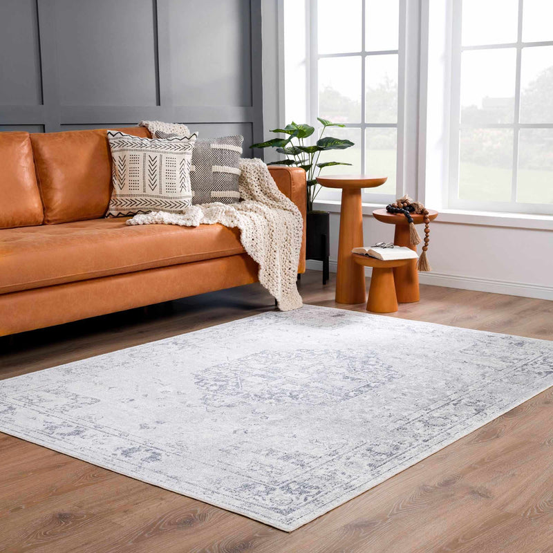 Traditional Medallion Design Silver and Charcoal Machine Washable Rug - The Rug Decor