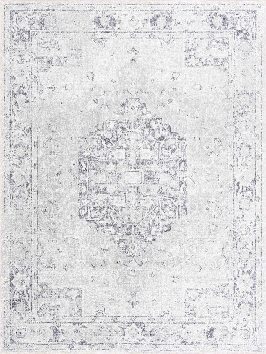 Traditional Medallion Design Silver and Charcoal Machine Washable Rug - The Rug Decor