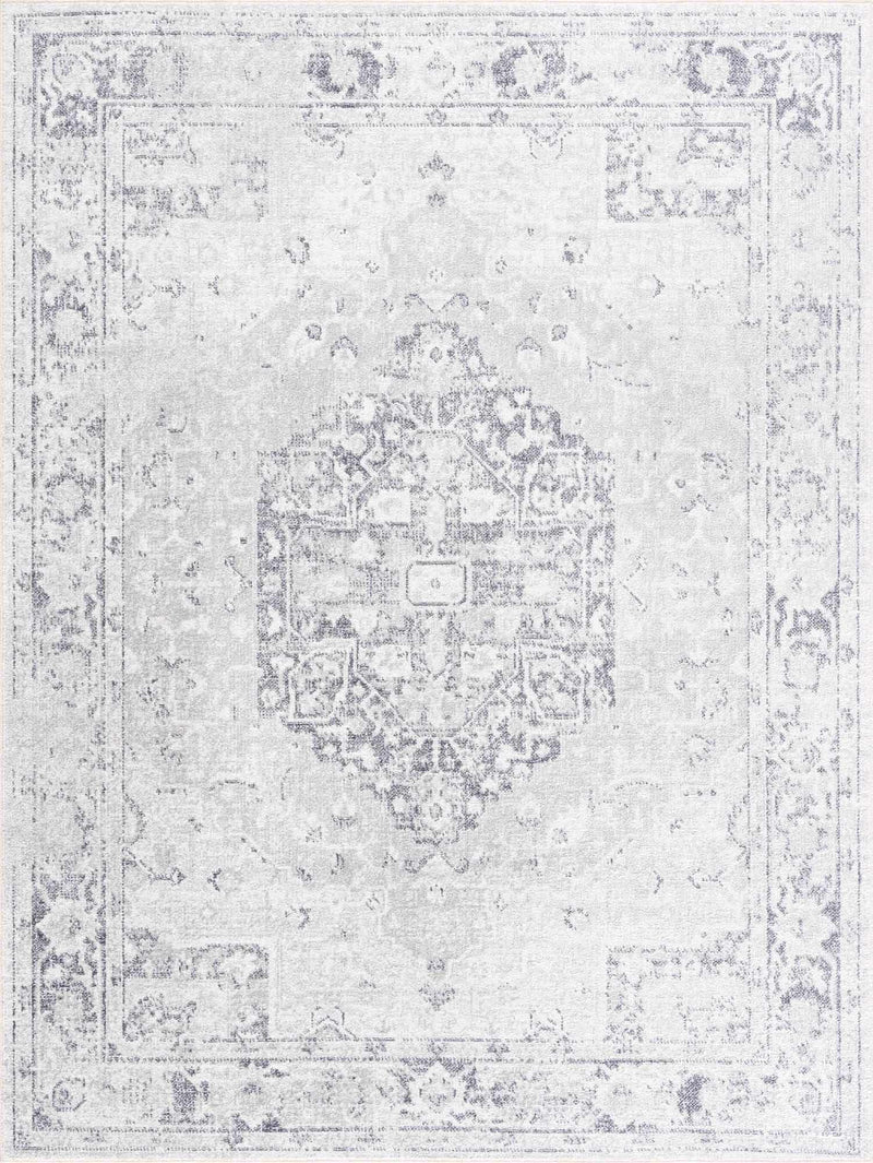 Traditional Medallion Design Silver and Charcoal Machine Washable Rug - The Rug Decor