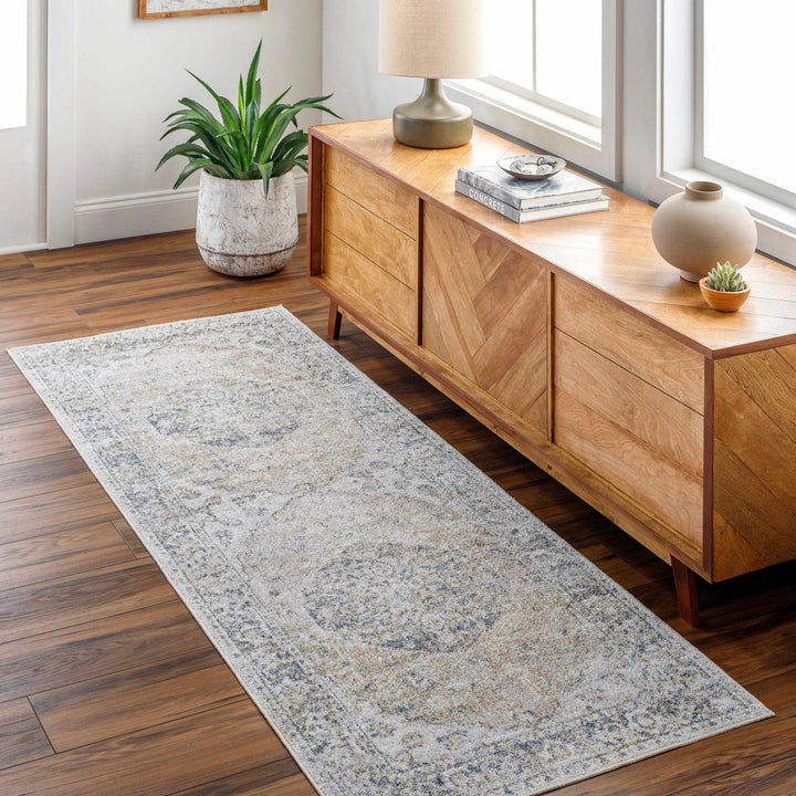 Traditional Medallion design woven Beige, Ivory and Charcoal washable Turkish Rug - The Rug Decor