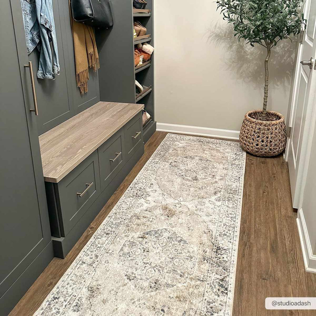 Traditional Medallion design woven Beige, Ivory and Charcoal washable Turkish Rug - The Rug Decor