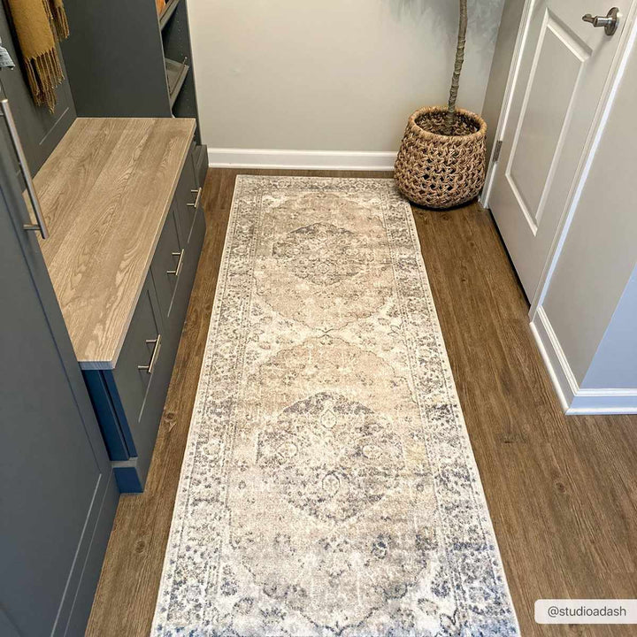 Traditional Medallion design woven Beige, Ivory and Charcoal washable Turkish Rug - The Rug Decor