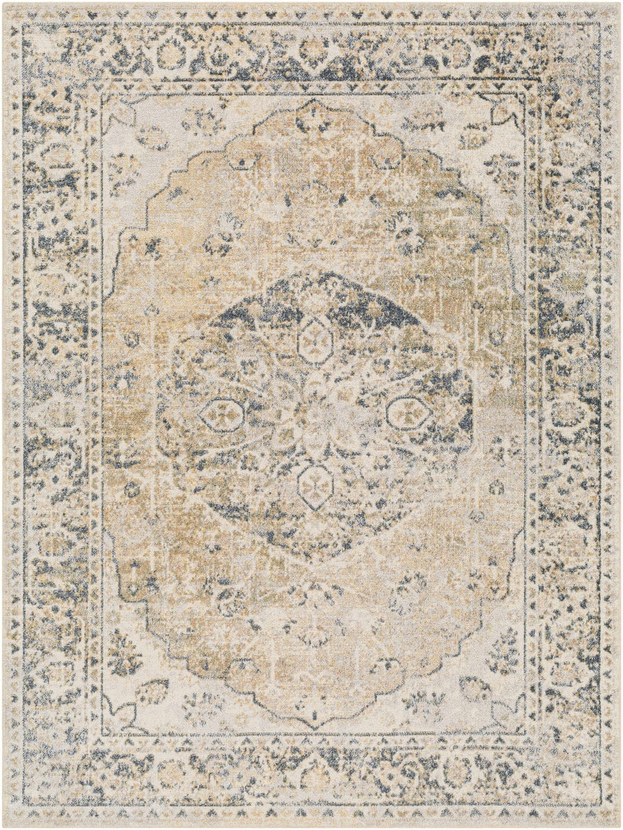 Traditional Medallion design woven Beige, Ivory and Charcoal washable Turkish Rug - The Rug Decor