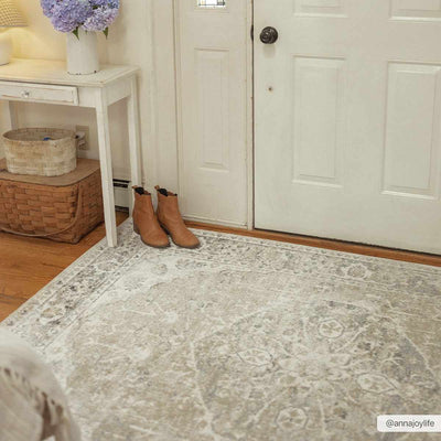 Traditional Medallion design woven Beige, Ivory and Charcoal washable Turkish Rug - The Rug Decor