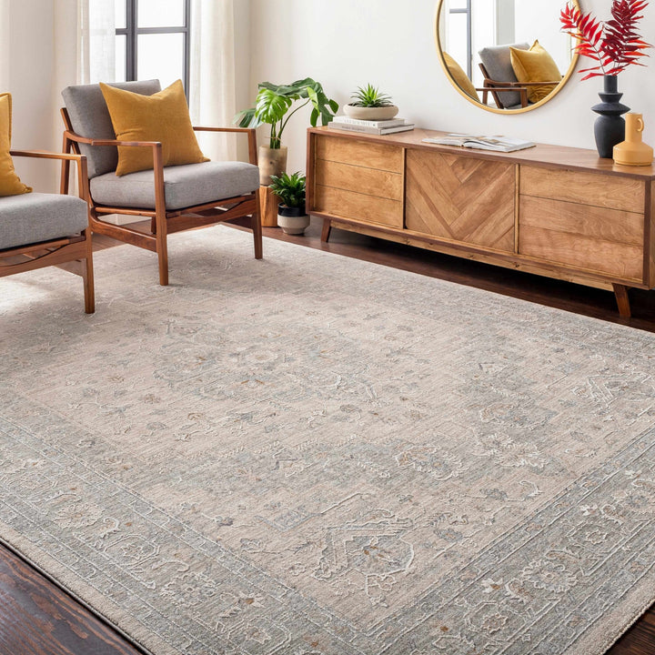 Traditional Medallion, Heriz Beige, Purple, white and Gray Medium pile Area rug - The Rug Decor