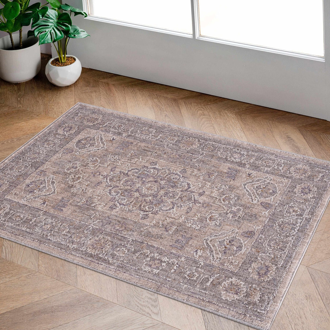 Traditional Medallion, Heriz Beige, Purple, white and Gray Medium pile Area rug - The Rug Decor