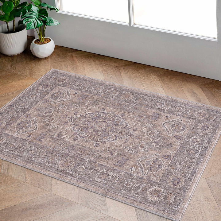 Traditional Medallion, Heriz Beige, Purple, white and Gray Medium pile Area rug - The Rug Decor