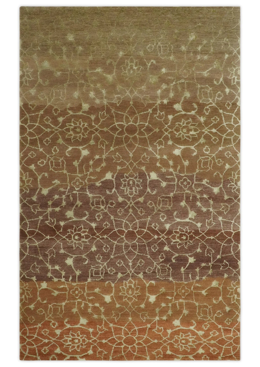 Traditional Olive, Brown, Rust and Beige 5x8 Handloom Wool and Art Silk Area Rug - The Rug Decor