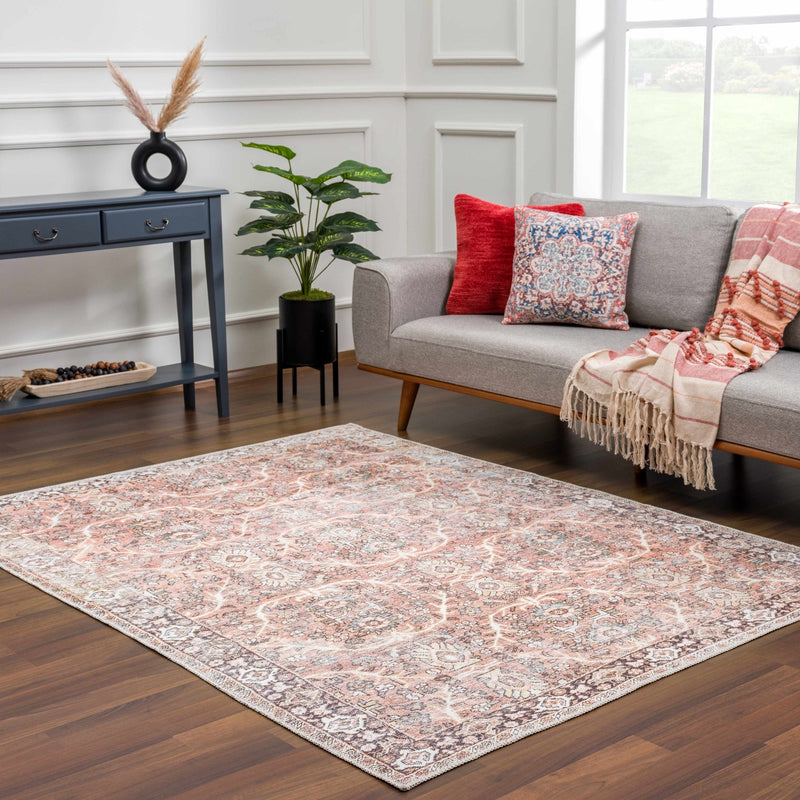 Traditional Oriental Intricate Design Dark Peach, Ivory, Beige and Charcoal Washable Area Rug - The Rug Decor