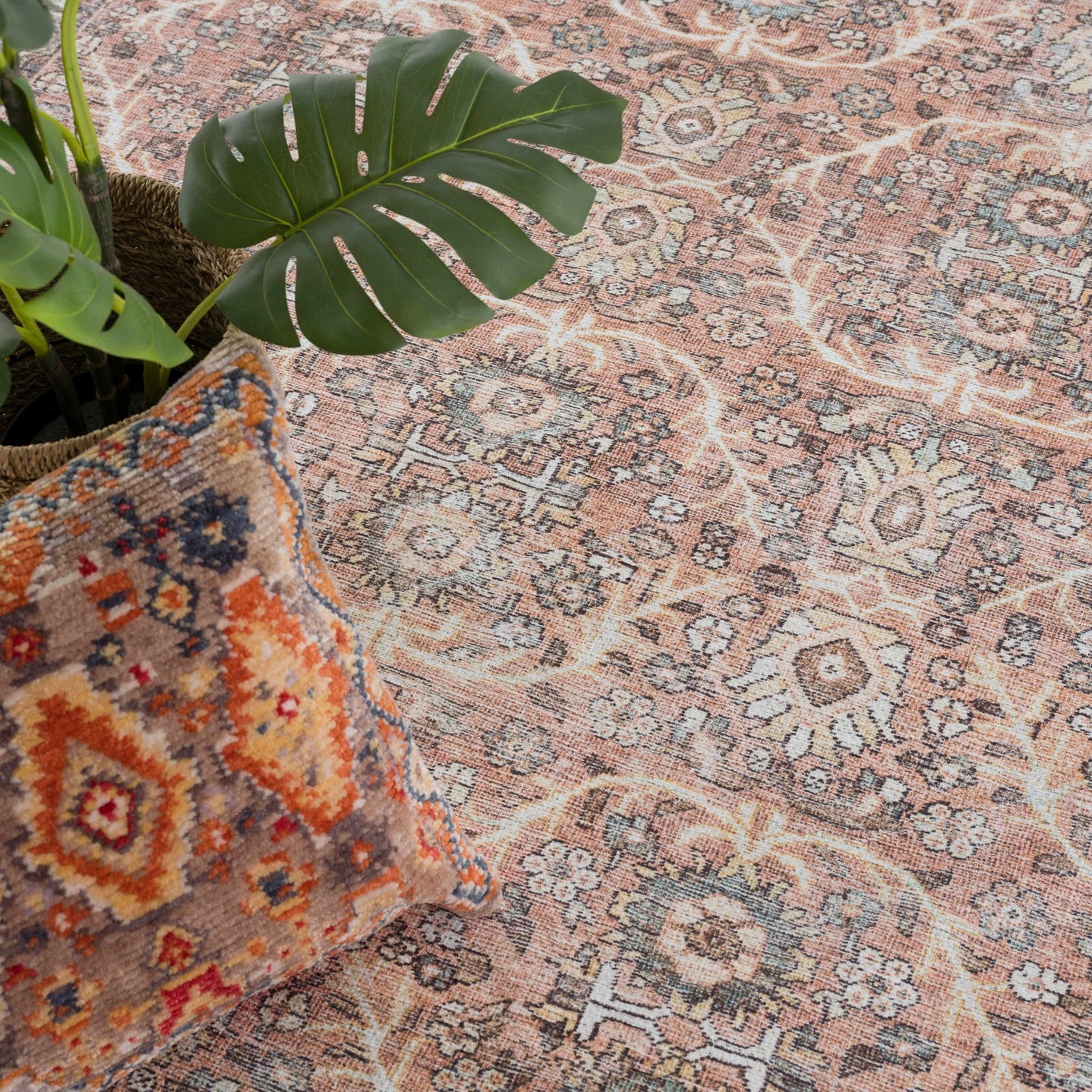 Traditional Oriental Intricate Design Dark Peach, Ivory, Beige and Charcoal Washable Area Rug - The Rug Decor