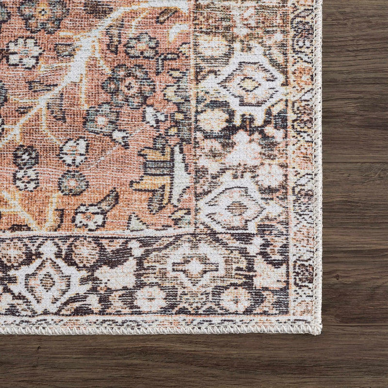 Traditional Oriental Intricate Design Dark Peach, Ivory, Beige and Charcoal Washable Area Rug - The Rug Decor