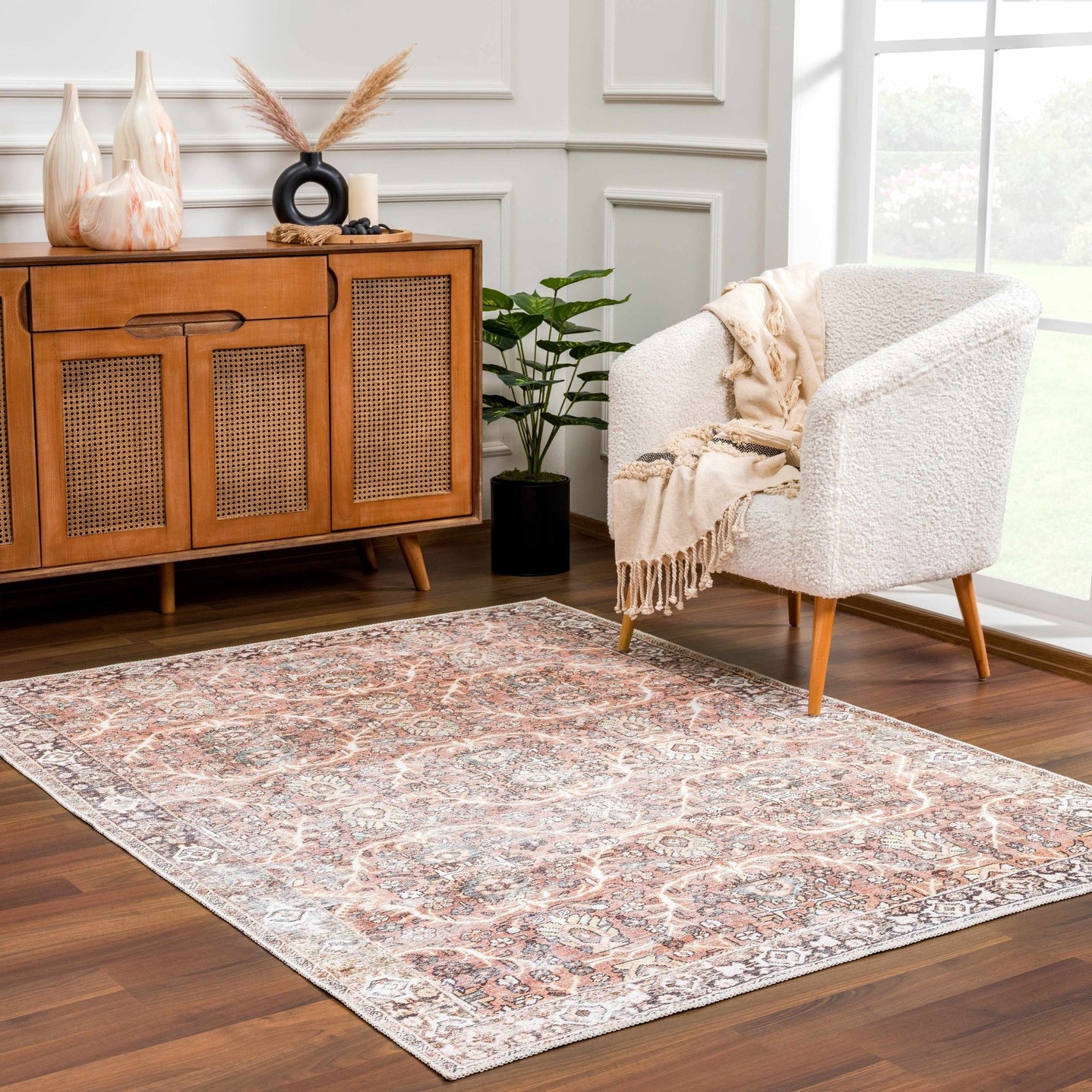 Traditional Oriental Intricate Design Dark Peach, Ivory, Beige and Charcoal Washable Area Rug - The Rug Decor