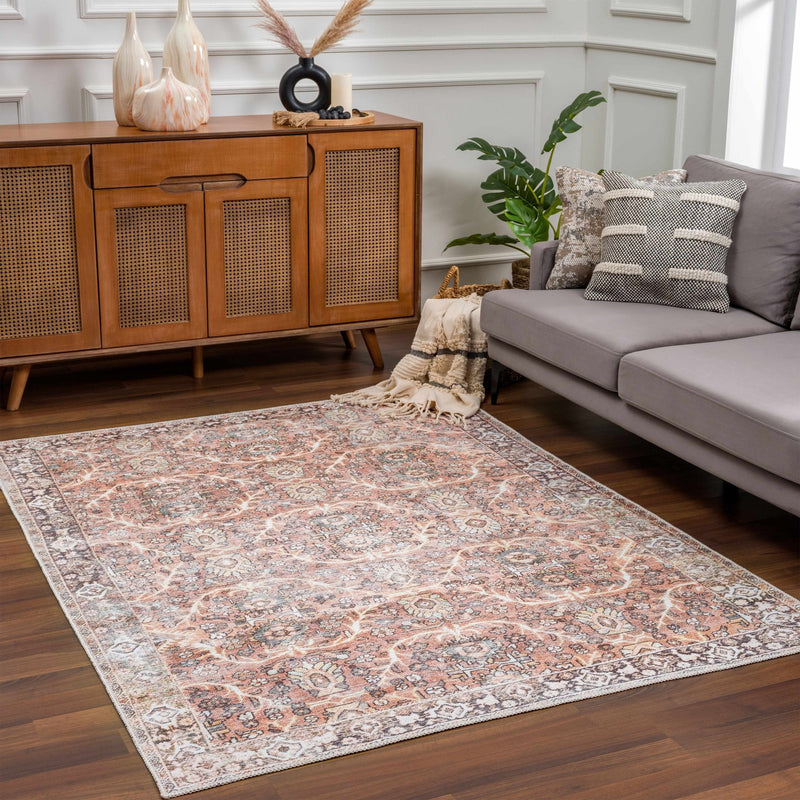 Traditional Oriental Intricate Design Dark Peach, Ivory, Beige and Charcoal Washable Area Rug - The Rug Decor