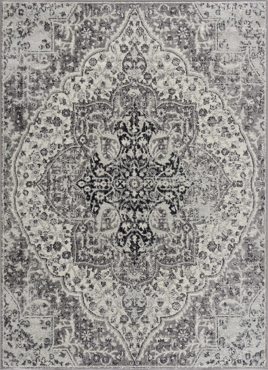 Traditional Oriental Ivory and Gray Low Pile Medallion Design Indoor Area Rug - The Rug Decor