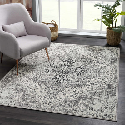 Traditional Oriental Ivory and Gray Low Pile Medallion Design Indoor Area Rug - The Rug Decor