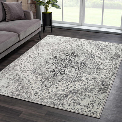 Traditional Oriental Ivory and Gray Low Pile Medallion Design Indoor Area Rug - The Rug Decor