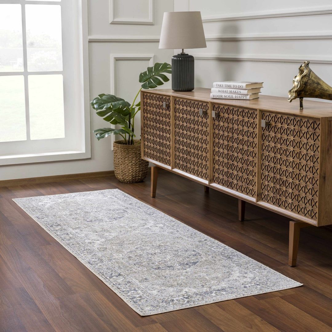 Traditional Oriental Light Brown and Blue and Medallion Design Low pile Area Rug - The Rug Decor
