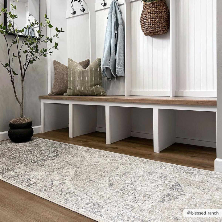 Traditional Oriental Light Brown and Blue and Medallion Design Low pile Area Rug - The Rug Decor