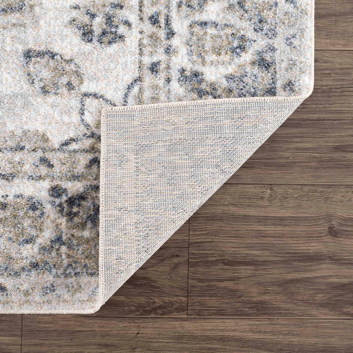 Traditional Oriental Light Brown and Blue and Medallion Design Low pile Area Rug - The Rug Decor