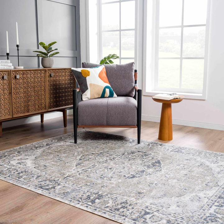 Traditional Oriental Light Brown and Blue and Medallion Design Low pile Area Rug - The Rug Decor
