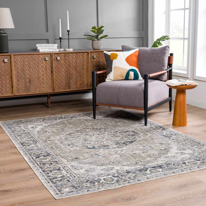 Traditional Oriental Light Brown and Blue and Medallion Design Low pile Area Rug - The Rug Decor