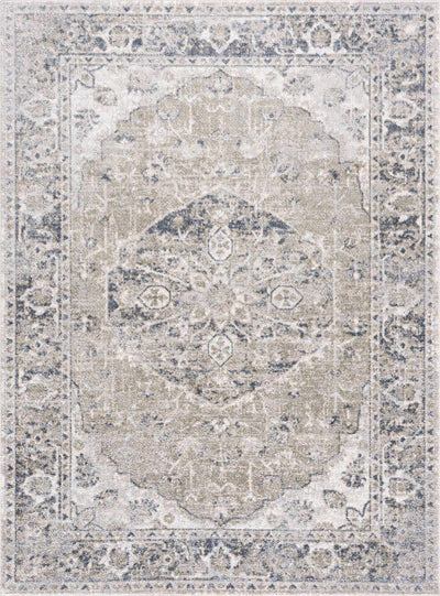 Traditional Oriental Light Brown and Blue and Medallion Design Low pile Area Rug - The Rug Decor