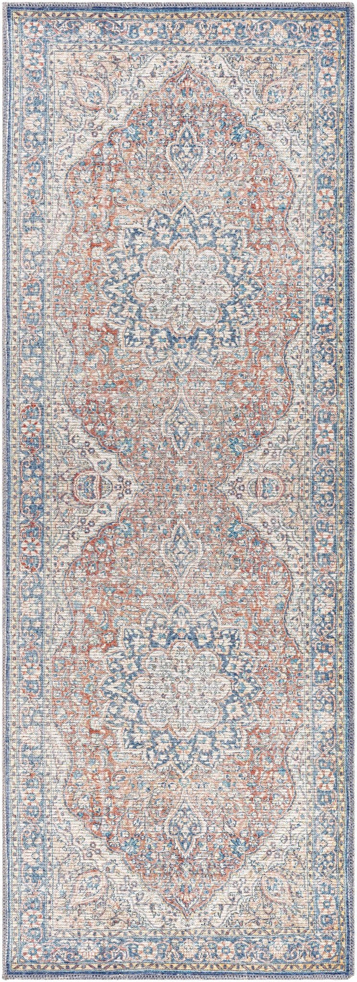 Traditional Oriental Medallion Design Ivory, Blue and rust low pile Area Rug - The Rug Decor