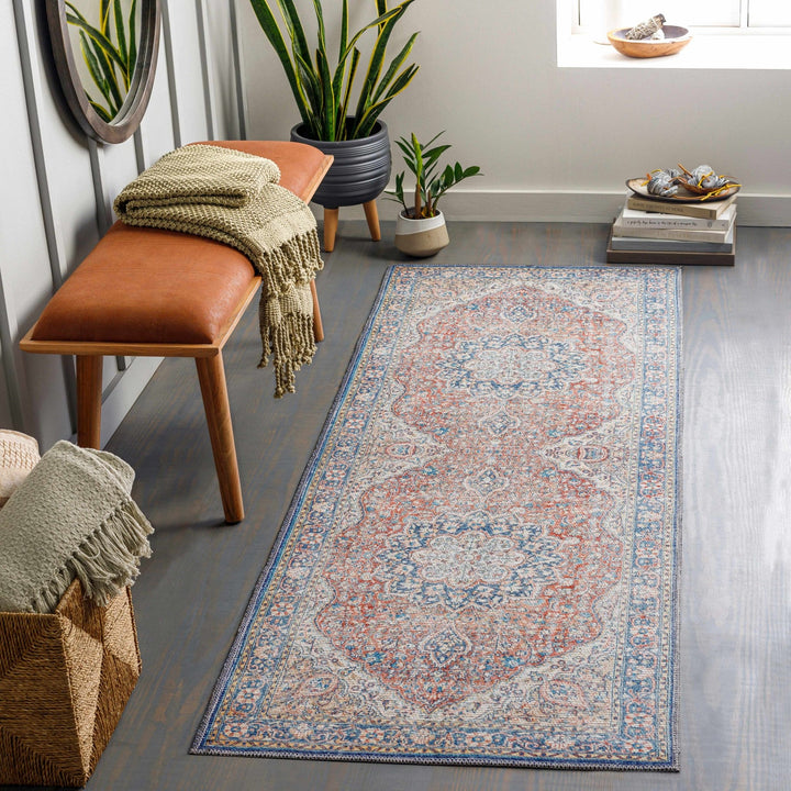 Traditional Oriental Medallion Design Ivory, Blue and rust low pile Area Rug - The Rug Decor
