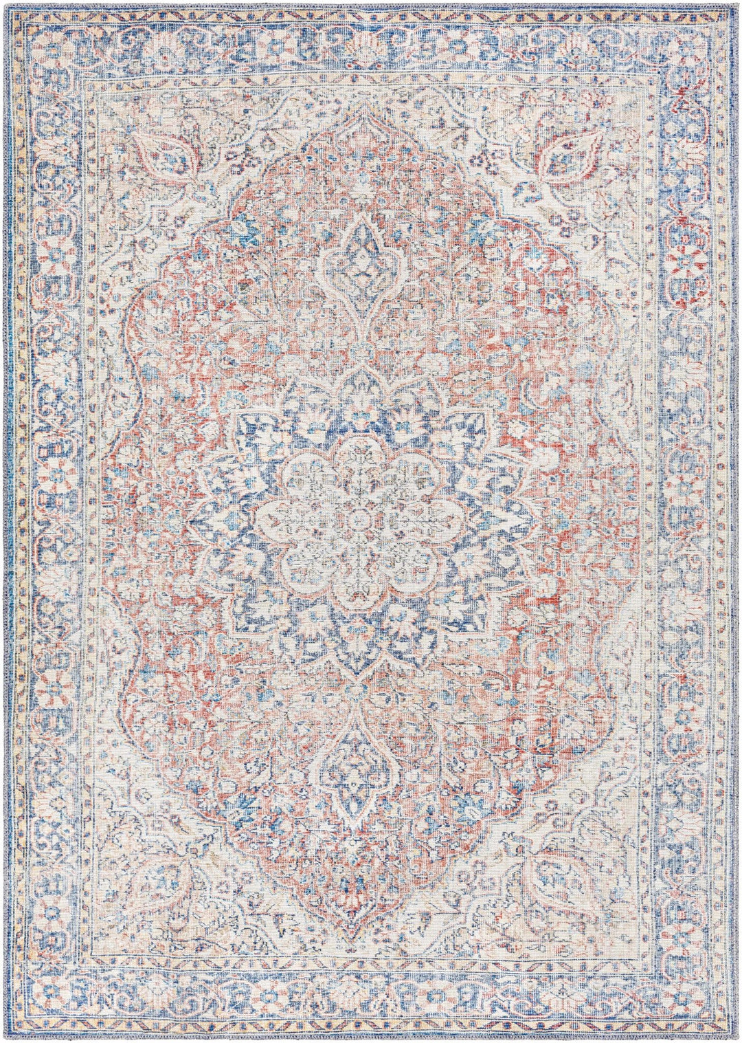 Traditional Oriental Medallion Design Ivory, Blue and rust low pile Area Rug - The Rug Decor