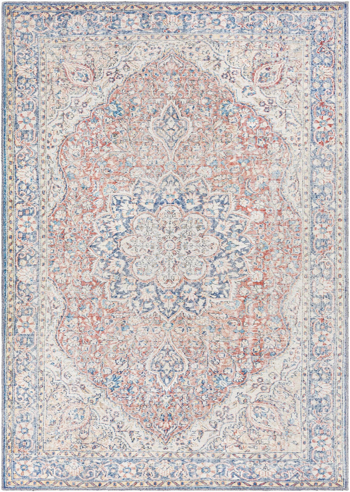 Traditional Oriental Medallion Design Ivory, Blue and rust low pile Area Rug - The Rug Decor