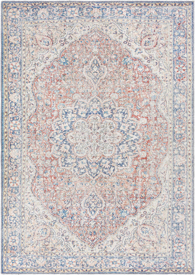 Traditional Oriental Medallion Design Ivory, Blue and rust low pile Area Rug - The Rug Decor